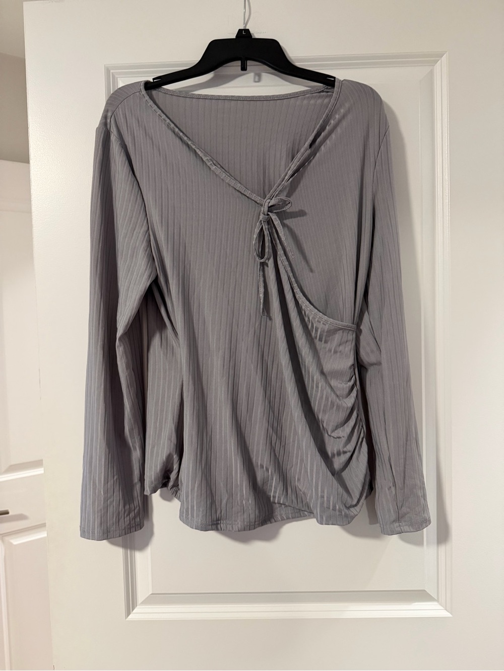 Macy's Ribbed V-Neck Long Sleeve Top - Light Gray